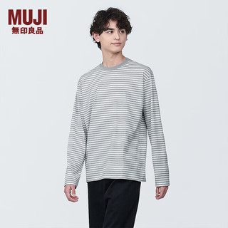 MUJI 無印良品 无印良品（MUJI）男式 天竺编织 圆领长袖T恤打底衫 格雷系 男款男士 灰色条纹 XXL (185/112A)