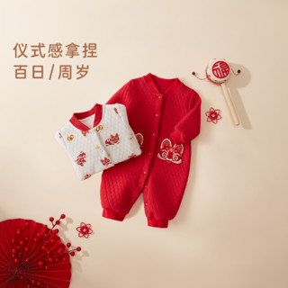 宝宝连体衣秋冬款3新生儿红色哈衣婴幼儿拜年爬服满月6月婴儿衣服