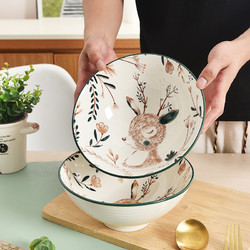 千屿 8英寸创意小鹿大号拉面碗斗笠碗日式餐具陶瓷泡面碗家用碗碟