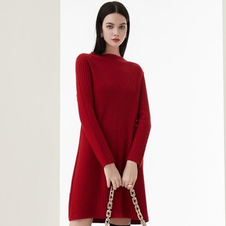 【厚款】山羊绒半高领针法红色A字显瘦羊绒连衣裙
