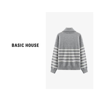 Basic House/百家好灰色条纹绵羊毛针织毛衣开衫女秋冬休闲时尚简约宽松 浅灰 F85-140斤