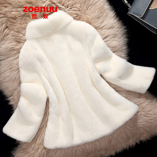 哲奴（zoenuu）水貂皮大衣女整貂皮草外套短款小母貂时尚立领七分袖 白色 XL