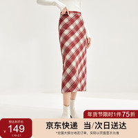 尚都比拉冬季气质复古格纹轻熟通勤中长款毛呢半身裙 红色 L 