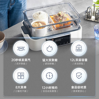 摩飞电器多功能电蒸锅家用智能速蒸锅全透明视窗不锈钢蒸格预约保温12L大容量电炖锅MR1158 椰奶白