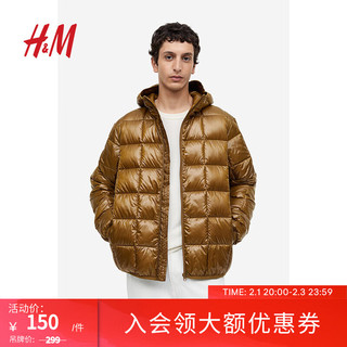H&M 男装棉衣2023年冬季新款保暖绗缝户外轻便宽松连帽外套1169656 深黄色