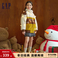 Gap女童冬季2023LOGO仿羊羔绒立领夹克841096儿童装宽松外套 黄白拼接 150cm(L)亚洲尺码