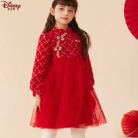 Disney 迪士尼 女童连衣裙国风新年装2023冬装新款拜年服红色加绒旗袍裙子