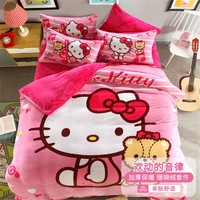 Hello Kitty 儿童珊瑚绒四件套公主风法兰绒凯蒂猫被套床单秋冬季床上用品套件