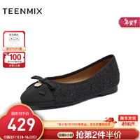 天美意（TEENMIX）女鞋时尚休闲百搭舒适一脚蹬女平跟单鞋2024春KQ004AQ4 黑色 34