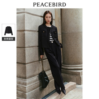 太平鸟短款圆领小香风外套女2024春装时尚品质高级感小个子 黑色(一） S