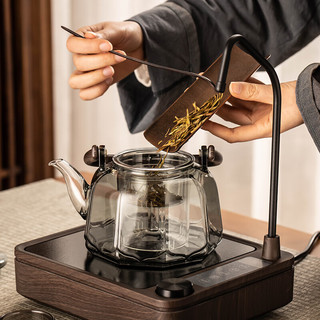 瓷牌茗茶具电陶炉煮茶器家用小型智能抽水煮茶炉加厚耐热玻璃煮茶壶 透明星浪壶+黑双环DTL-10炉 900ml