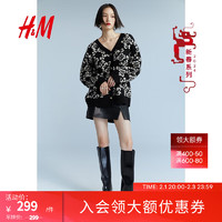 H&M【新年系列】女装毛针织衫2024春季V领大廓形开衫1223383 黑色/图案 170/116A