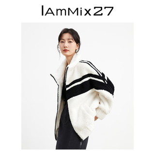 Iammix27秋冬颗粒绒外套女宽松休闲百搭仿羊羔毛加厚保暖立领夹克 黑白 XS