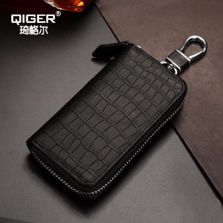 qiger钥匙包男牛皮男士真牛皮腰挂大容量汽车锁匙包多功能 黑色 小号