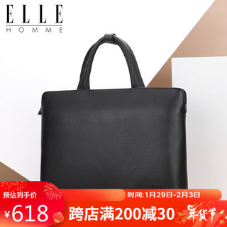 ELLE HOMME 男士商务公文包大容量手提包 轻薄头层牛皮男包电脑包03011黑色 加大款-黑色