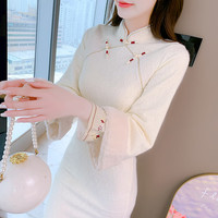 家隆名秀新中式改良旗袍女秋冬季加厚加绒高端气质年轻款少女中国风连衣裙 奶油米浅杏 M