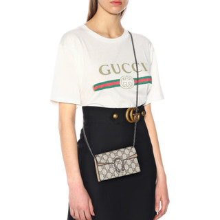 古驰（GUCCI）sale 女士迷你米色帆布拼棕色麂皮链条单肩斜挎酒神包 米色