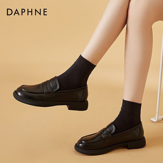 DAPHNE 达芙妮 女牛皮英伦小皮鞋女春秋平底鞋女乐福鞋一脚 422104579 黑色