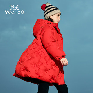 英氏（YEEHOO）女童羽绒服儿童保暖外套中长款连帽中大童红色拜年服 大红 140