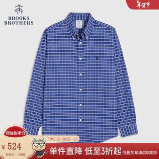 布克兄弟（BrooksBrothers）男士春秋格纹扣结领修身免烫长袖衬衫 B435-蓝色格纹 L