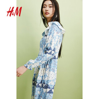 H&M2024春季女士缩褶上身连衣裙/长裙1227614 浅蓝色/图案 1