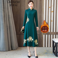 黛娜娅（Dainaya）旗袍女冬季中式女装中国风日常改良复古刺绣连衣裙3052 绿色 XL