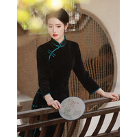 顾眷年改良新中式旗袍中长款冬款长袖旗袍日常复古黑色丝绒连衣裙 黑色 XL