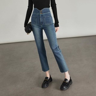 索菲丝尔 设计感高腰显瘦九分直筒牛仔裤女春季