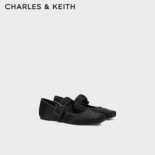 CHARLES&KEITH24春季龙年刺绣方头平底玛丽珍鞋女CK1-71720064 BLACK TEXTURED黑色纹理 35