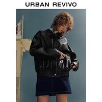 URBAN REVIVO UR2024春季女装复古时髦做旧双口袋宽松皮衣外套UWU140006 黑色 S