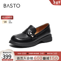 BASTO 百思图 2024春季简约时尚乐福鞋粗跟女单鞋A2073AA4 黑色 38