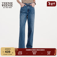 Teenie Weenie小熊女装2024早春休闲宽松直筒牛仔裤抑菌长裤女 中蓝色 160/S