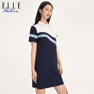 ELLE ACTIVE运动撞色polo领连衣裙夏季时尚气质减龄针织短袖透气网球裙 蓝/白色 XL
