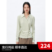 太平鸟2024年春季翻领针织衬衫收腰V领斜门襟气质通勤上衣女 浅绿 S