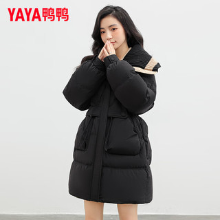 鸭鸭（YAYA）羽绒服女中长款冬季时尚撞色针织大翻领加厚保暖外套YZ 黑色 155/80A(S)