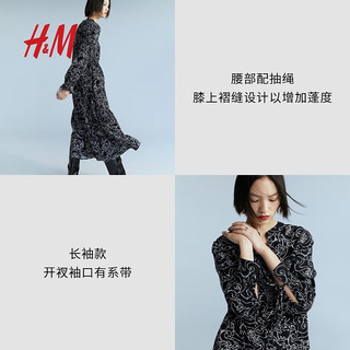 H&M【新年系列】女装连衣裙2024春季中式领气质长裙1223378 黑色/图案 160/88A