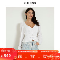 GUESS24年新款春季女士精致气质V领短款绑带收腰上衣-W4GH88WG7B0 G011-白色