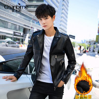 夏冰妮(CHANBIRNE)皮衣男韩版潮帅气外套男青年机车服皮夹克秋冬季男士加绒加厚保暖 8921黑色加绒 L