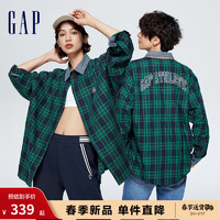 Gap男女装春季2024LOGO格纹翻领长袖衬衫877589宽松休闲上衣 绿色格子 165/88A(S)亚洲尺码