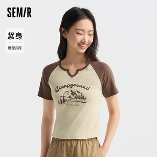 森马（Semir）短袖T恤女短款设计感印花2024夏季插肩袖紧身套头衫山系 咖色调00355 150/76A/XS