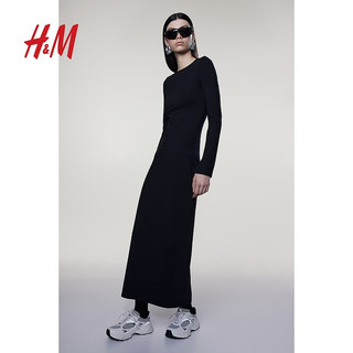 H&M女装裙子2024春季圆领汗布紧身连衣长裙1224538 黑色 155/76A XXS