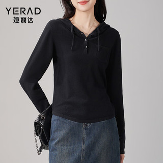 娅丽达（YERAD）羊毛连帽休闲针织衫女2024春季宽松显瘦内搭上衣 黑色(A0) M