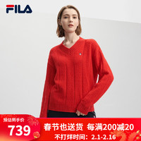 FILA 斐乐女子织衫冬时尚基础简约休闲保暖V领毛衣 传奇红-RD 175/92A/XL