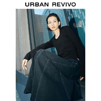 URBAN REVIVO UR2024春季女装法式气质修身正肩显瘦方领长袖T恤UWU440006 正黑 S