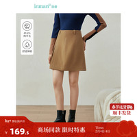 INMAN 茵曼 叠褶开叉半身裙女装A字显瘦短裙 咖色 XL
