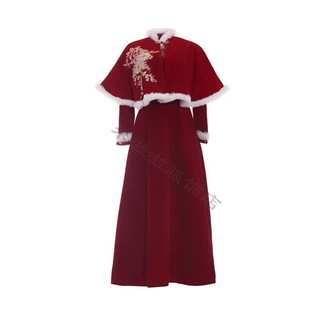 波之兴新中式冬季敬酒服订婚礼服女结婚当天新娘便装套装红色旗袍连衣裙 酒红两件装 L