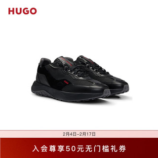 HUGO男士2024早春人造皮革装饰混合材质运动鞋 005-黑色 EU:45