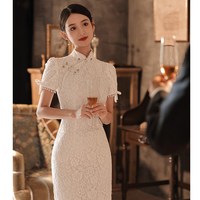 悦诗春沐旗袍敬酒服新娘夏季酒红色订婚礼服连衣裙小个子感结婚改良女 白色DAIMO-2888 S