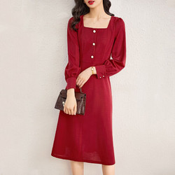 SENTUBILA 尚都比拉 秋季法式连衣裙中长款气质女神范显瘦小个子裙子 酒红色 XL