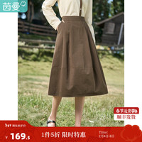 茵曼（INMAN）【同款】秋季复古文艺显瘦花苞型中长款半身裙 咖啡色 XL